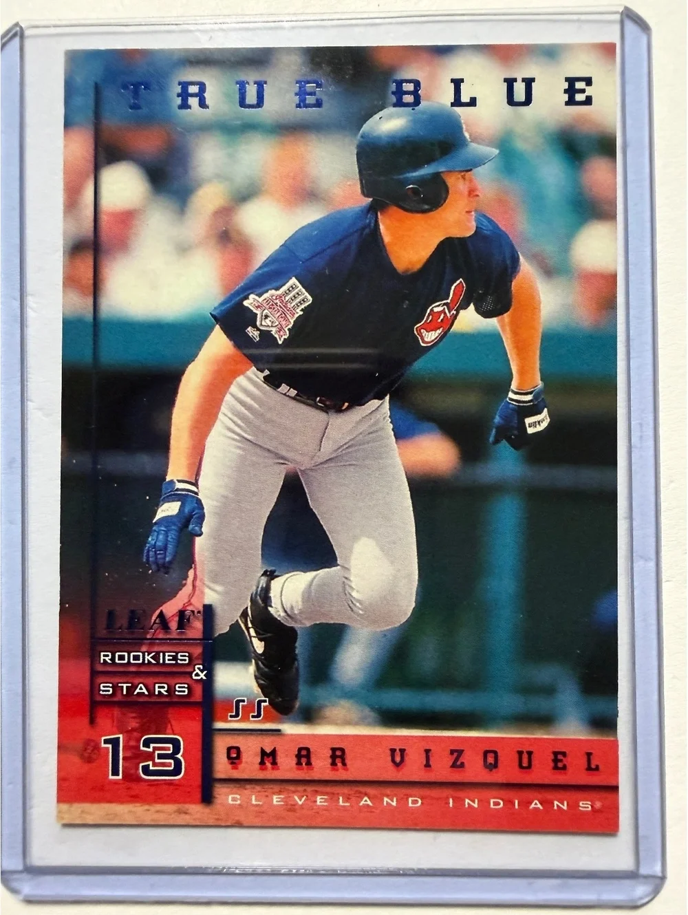 1998 Donruss Leaf Rookies & Stars Omar Vizquel True Blue Baseball Card #85